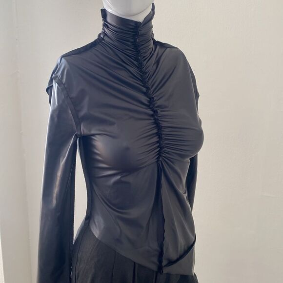 Sami Miro Vintage Shirred Vinyl Turtleneck Black Eco-Conscious Top in Carbon - Picture 9 of 10